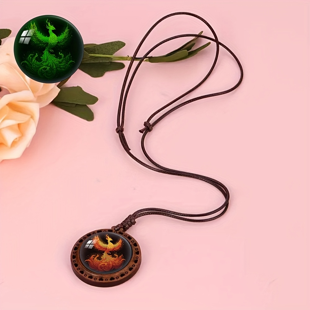 Glowing Fire Phoenix Wooden Pendant Necklace